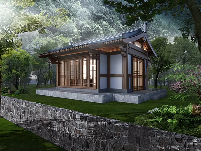 Traditional Wooden Pavilion With Sloped Roof Lattice Windows Stone Wall And Green Surroundings 3d model