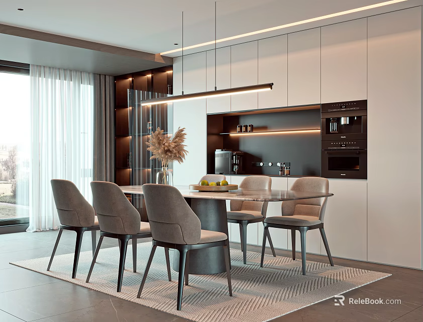 Modern Restaurant Dining Space With Round Table Chairs Hanging Lights White Cabinets And Large Window 3d model 