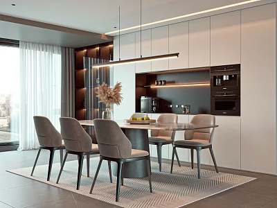 Modern Restaurant Dining Space With Round Table Chairs Hanging Lights White Cabinets And Large Window 3d model