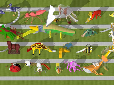 Colorful Animal Themed Playground Equipment with Slides Swings and Giraffe Whale Designs 3d model