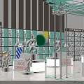 Green Exhibition Booth With Metal Frame Display Cabinets Screens And Man In Suit