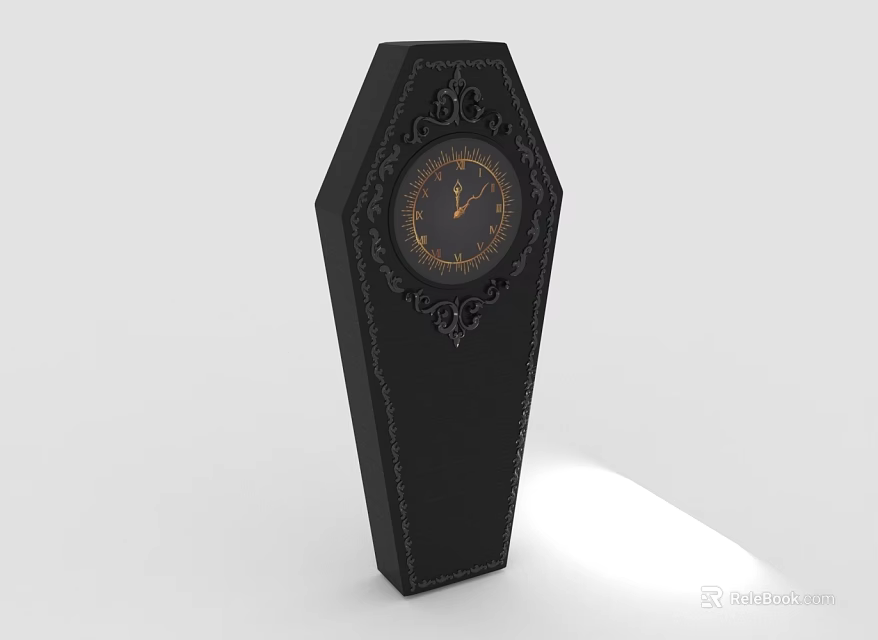 Black Coffin Shaped Clock With Ornate Decorations And Round Dial 3d model 