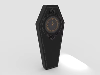 Black Coffin Shaped Clock With Ornate Decorations And Round Dial 3d model