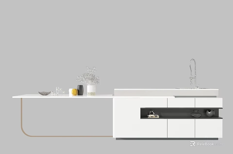 Modern Dining Table In Open Kitchen With White Counter Cabinets Sink And Glassware 3d model 