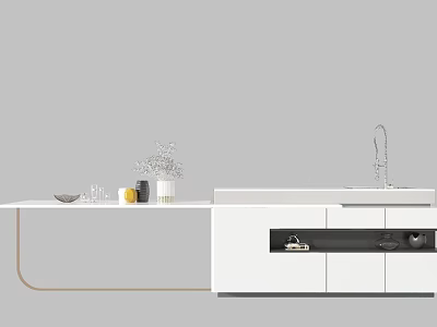 Modern Dining Table In Open Kitchen With White Counter Cabinets Sink And Glassware 3d model