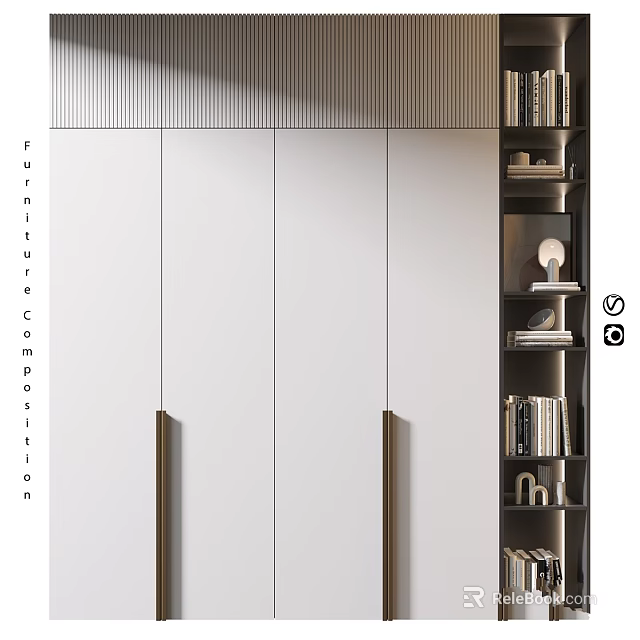 Modern Storage Cabinet With White Panels Gold Handles And Adjacent Bookshelf With Books Decorative Items 3d model 