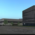 Modern Commercial Complex Design With Curved Roof Glass Facade Plaza Pedestrians And Greenery
