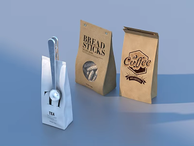 Household Paper Packaging Products Including Tea Bag Bread Sticks And Coffee 3d model
