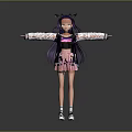 Anime Girl 3D Model With Purple Long Hair Cat Ears White Black Jacket Pink Skirt Sneakers