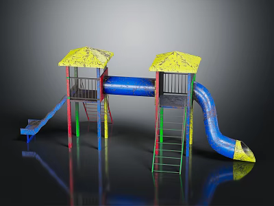 Children's Playground Equipment With Two Yellow Roofs Blue Slides And Colorful Ladders 3d model