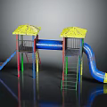Children's Playground Equipment With Two Yellow Roofs Blue Slides And Colorful Ladders