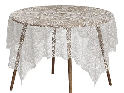 Round Desk Design With White Lace Tablecloth And Wooden Legs 3d model