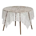Round Desk Design With White Lace Tablecloth And Wooden Legs