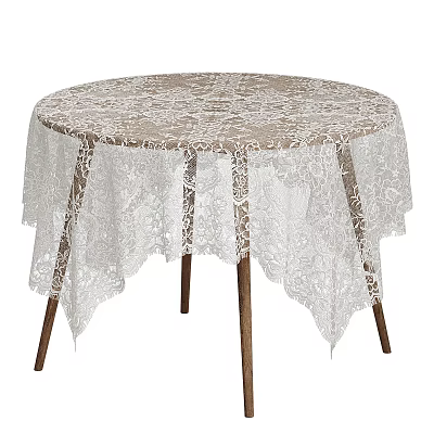 Round Desk Design With White Lace Tablecloth And Wooden Legs 3d model