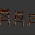 Three Handcrafted Wooden Stools With Cross Legged Structure Wooden Slat Seats And Gray Padded Feet