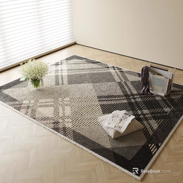 Plaid Pattern Square Area Rug On Wooden Floor With Flower Bouquet And Magazines 3d model 