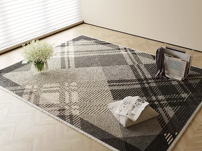 Plaid Pattern Square Area Rug On Wooden Floor With Flower Bouquet And Magazines 3d model