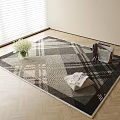 Plaid Pattern Square Area Rug On Wooden Floor With Flower Bouquet And Magazines