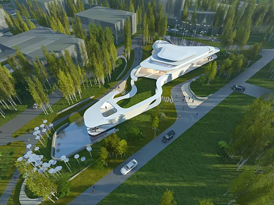Modern Architectural Building With Unique Curved Roof Water Pool And Surrounding Trees On Lawn 3d model