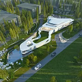 Modern Architectural Building With Unique Curved Roof Water Pool And Surrounding Trees On Lawn