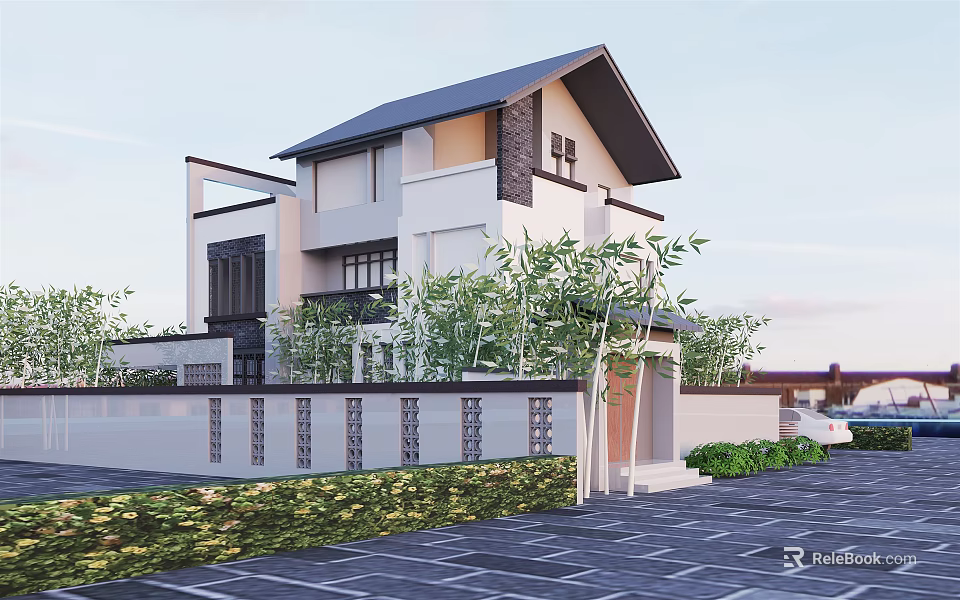 Modern Detached Villa Exterior Design With Sloped Roof Green Plants And Paved Courtyard 3d model 