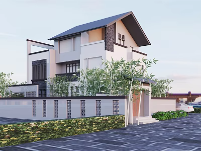 Modern Detached Villa Exterior Design With Sloped Roof Green Plants And Paved Courtyard 3d model