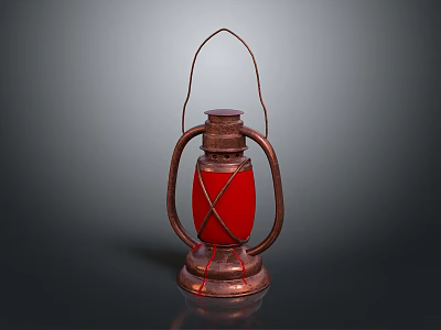 Vintage Kerosene Lamp With Copper Base Red Glass Shade And Metal Handle 3d model