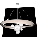 Chandelier With White Circular Frame And Spherical Bulbs Against Gray Wall With Yellow Light Effect