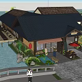 Traditional Style Commercial Complex With Black Roof Large Glass Windows And Water Pond Lotus Leaves