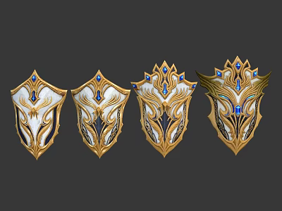 Ornate Decorative Shields With Golden Borders White Surfaces And Blue Gemstones 3d model