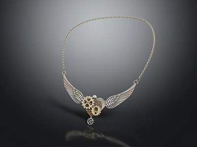 Elegant Steampunk Necklace With Wing Design And Gear Pendant On Golden Chain 3d model