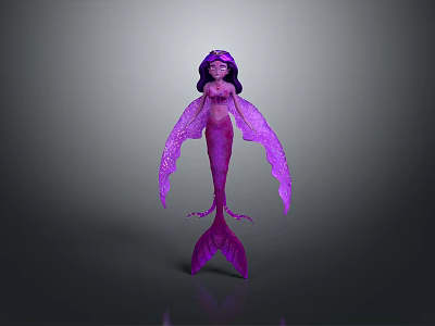 Purple Mermaid Doll Design With Long Hair Purple Tail And Decorative Wings 3d model