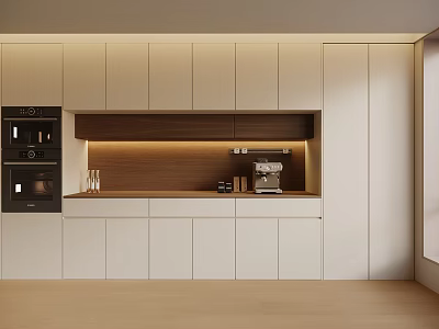 Modern Light Colored Sideboard With Wooden Countertop Coffee Machine And Storage Cabinets 3d model