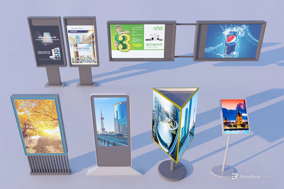 Outdoor Billboards With Various Designs Display Ads City Views And Nature Scenes 3d model 