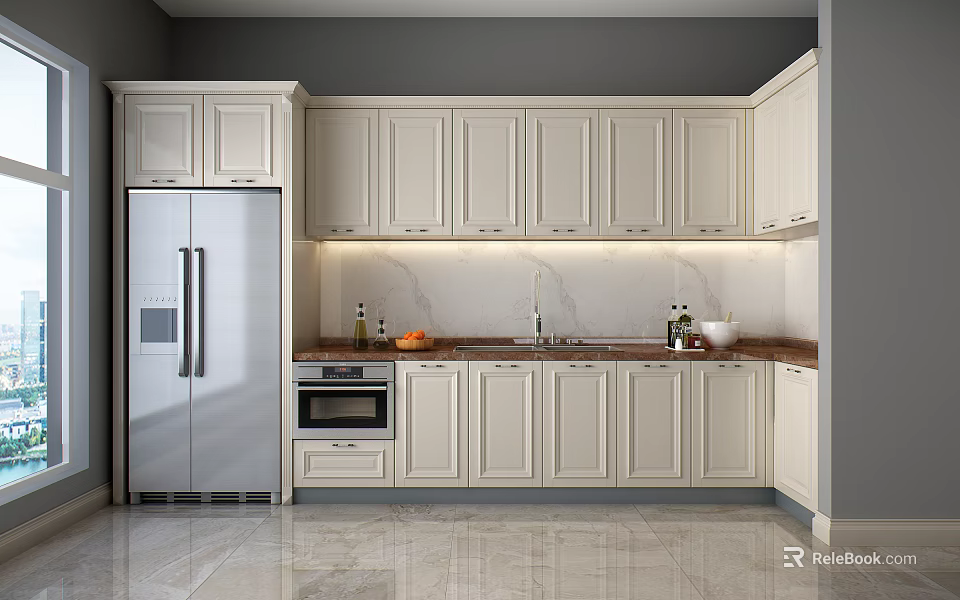 Modern Kitchen Design Featuring White Cabinets Marble Countertop Sink Oven And Stainless Steel Refrigerator 3d model 