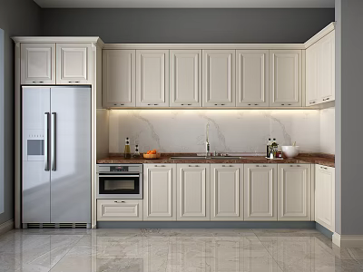 Modern Kitchen Design Featuring White Cabinets Marble Countertop Sink Oven And Stainless Steel Refrigerator 3d model