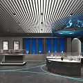 Art Exhibition Hall With Display Cabinets Blue Backdrop Walls And Circular Ceiling Decoration