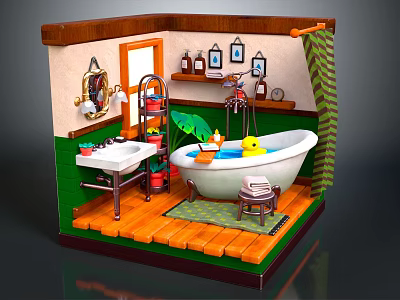 Cozy Bathroom Interior With Green Walls White Bathtub Rubber Duck Sink Mirror And Wooden Floor 3d model