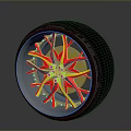Stylish Car Wheel Rim With Red And Yellow Spokes And Black Tire