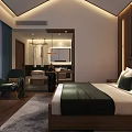 Modern Hotel Guest Room With Wooden Accents Lighting Design Comfortable Bed Nightstand TV And Armchairs