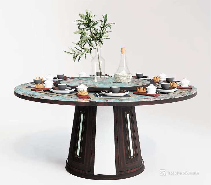 Elegant Round Dining Table With Decorative Plant Vase Wine Bottle And Tableware Setup 3d model
