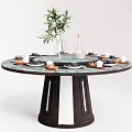 Elegant Round Dining Table With Decorative Plant Vase Wine Bottle And Tableware Setup 3d model