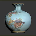 Elegant Turquoise Vase With Painted Floral Patterns And Colorful Birds Design