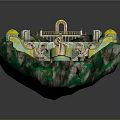 Cartoon Fantasy Island Scene Featuring Blue Pool Golden Decorations Archway and Statues