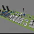 Industrial Equipment Layout Featuring Cooling Towers Chimney Stacks Storage Tanks And Piping Systems