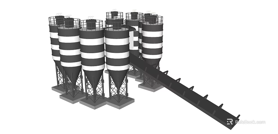 Industrial Equipment Storage Silos Structure With Conveyor Belt And Steel Supports 3d model 