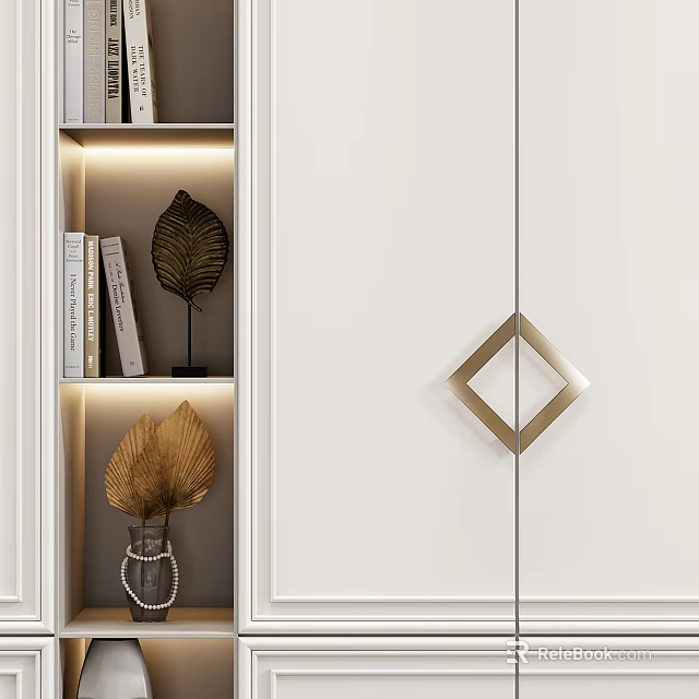 Modern White Decorative Cabinet With Gold Diamond Handle Layered Shelves LED Lighting And Leaf Decorations 3d model 