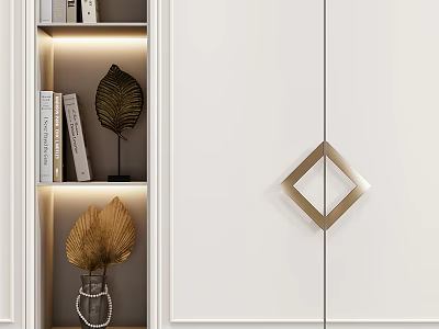 Modern White Decorative Cabinet With Gold Diamond Handle Layered Shelves LED Lighting And Leaf Decorations 3d model