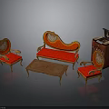Vintage Furniture Set With Carved Sofa Red Upholstery Wooden Coffee Table And Chairs