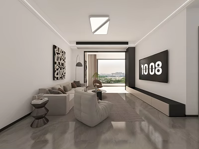 Modern Minimalist Living And Dining Room Interior Design With Cozy Sofas And Panoramic Window 3d model